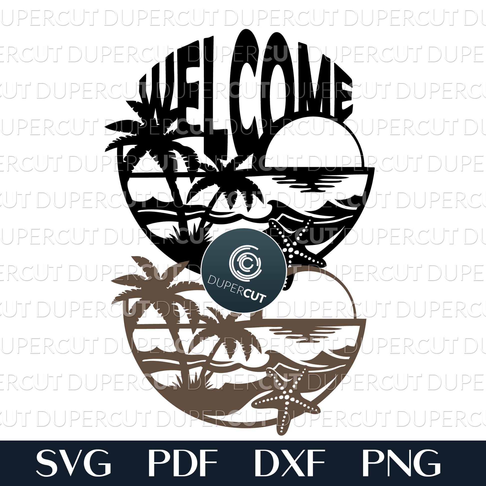 Beach sunset palm trees welcome sign layered files. SVG PDF DXF cutting template for laser cutting, engraving, Glowforge, Cricut, Silhouette, CNC plasma