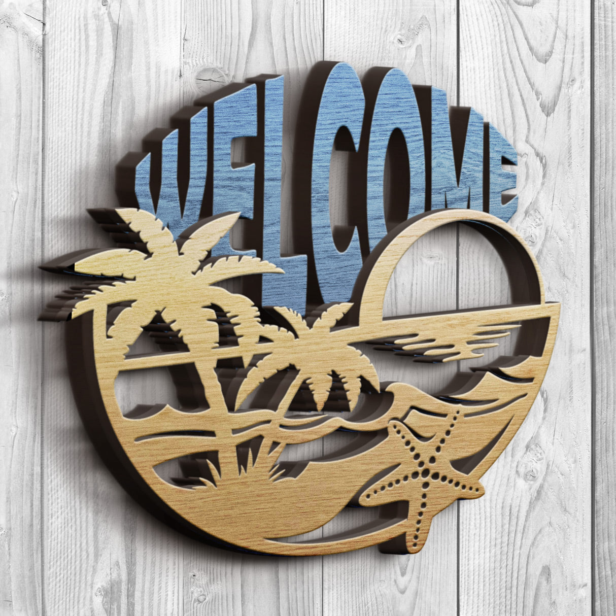 Beach ocean Multi layer welcome sign. SVG PDF DXF cutting template for laser cutting, engraving, Glowforge, Cricut, Silhouette, CNC plasma