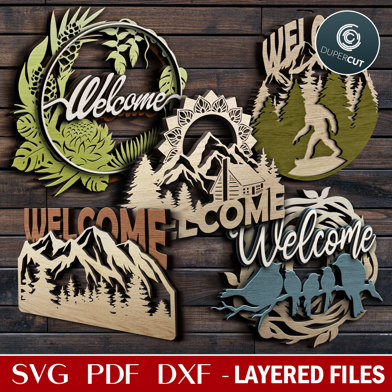 Welcome sign bundle 5 designs - layered laser cutting files SVG PDF DXF templates for commercial use. Glowforge, Cricut, Silhouette Cameo, CNC plasma machines