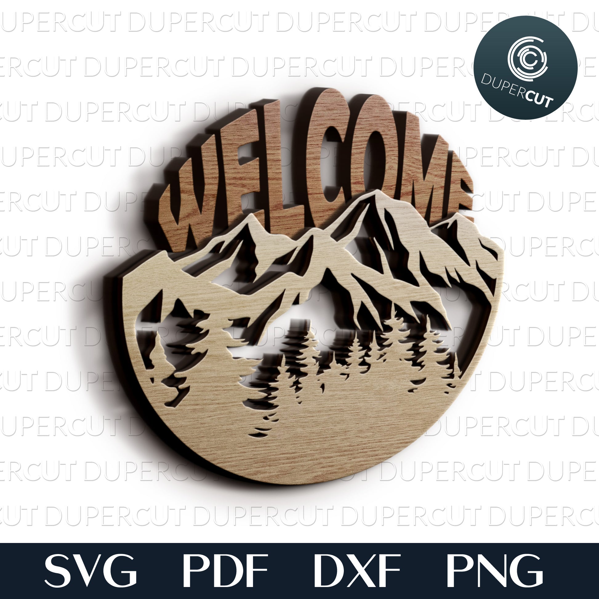 Mountains scene layered welcome sign files. SVG PDF DXF cutting template for laser cutting, engraving, Glowforge, Cricut, Silhouette, CNC plasma