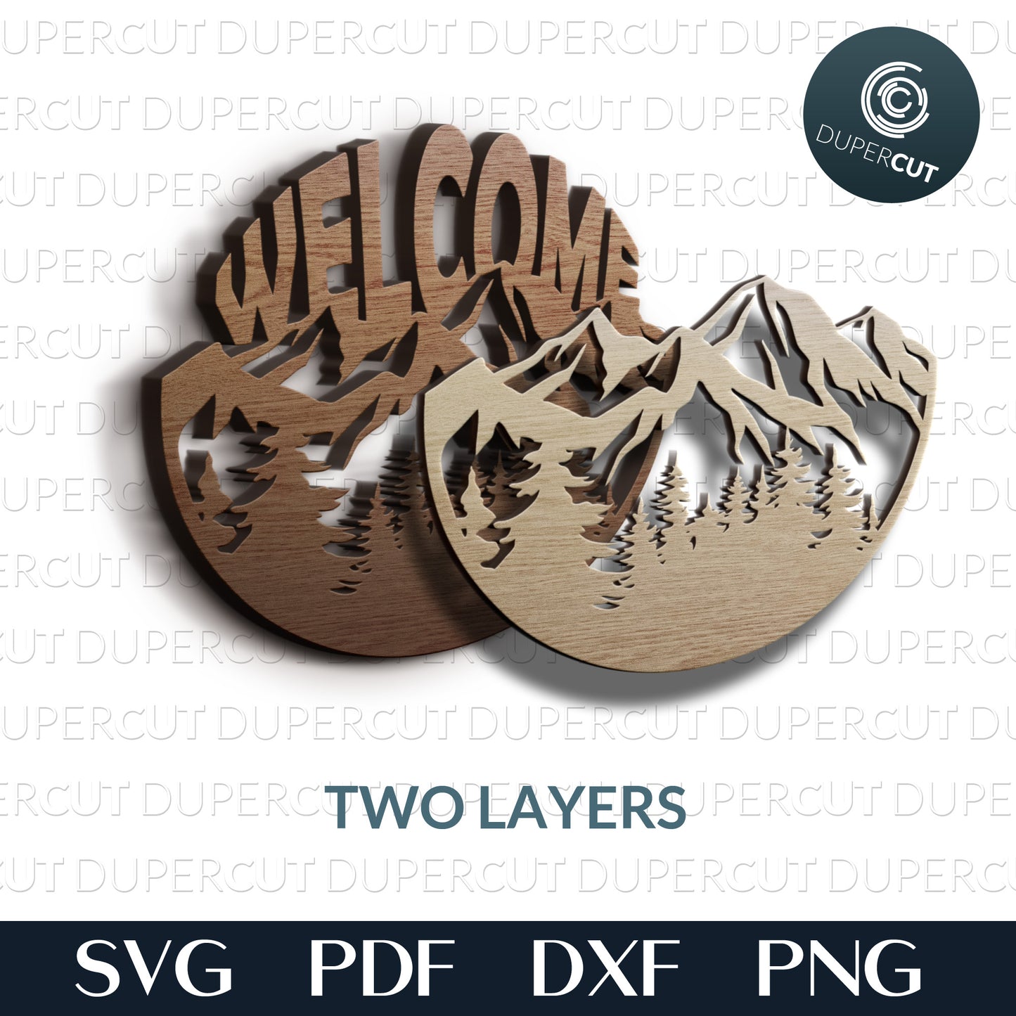 Mountain scene welcome sign cabin decor - layered cutting files SVG PDF DXF template for laser cutting and engraving, Glowforge and CNC plasma machines