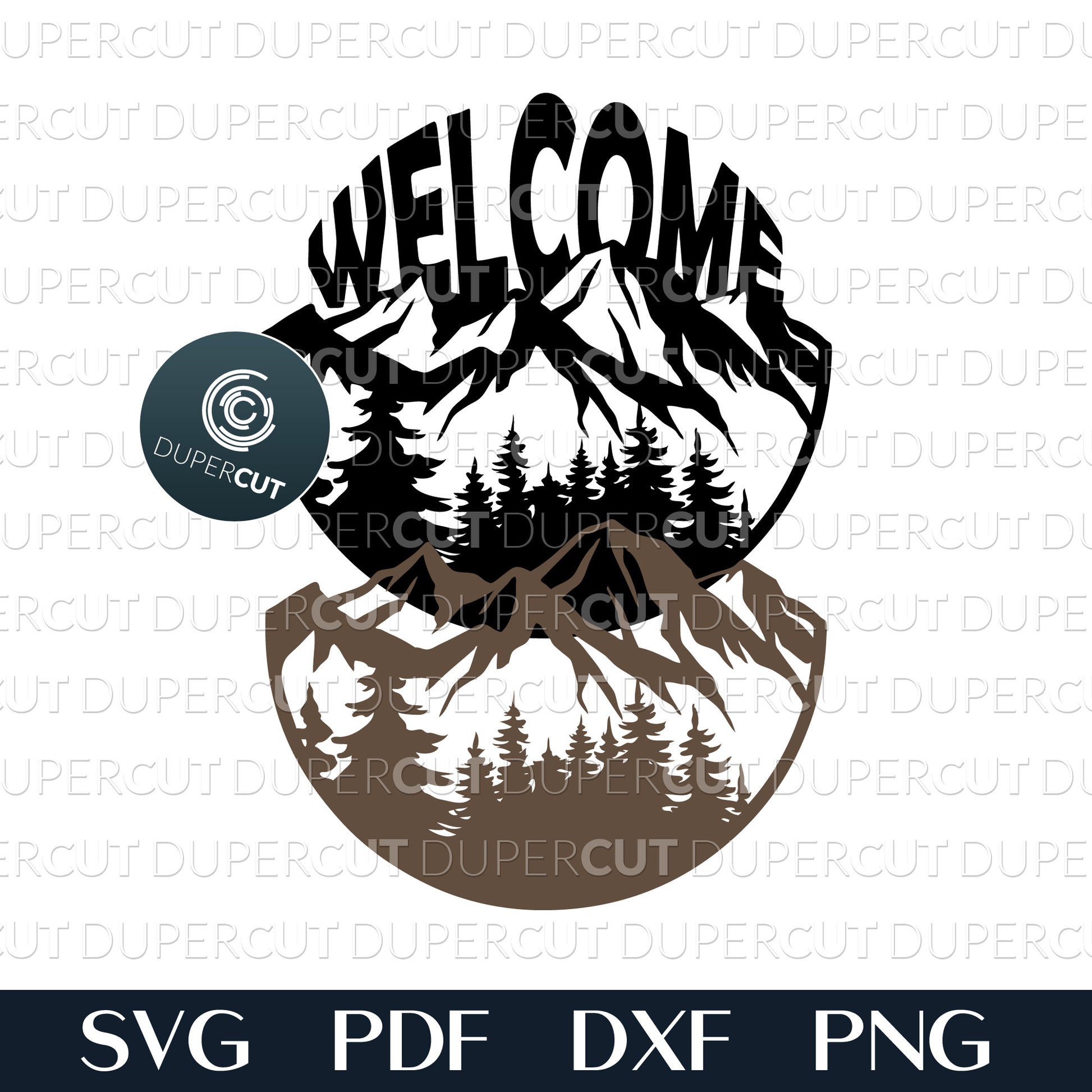 Woods scene welcome sign layered files. SVG PDF DXF cutting template for laser cutting, engraving, Glowforge, Cricut, Silhouette, CNC plasma