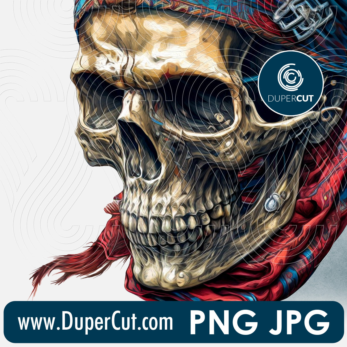 Skull in bandana - full color files for sublimation, print on demand, high resolution PNG JPG template transparent background by www.dupercut.com