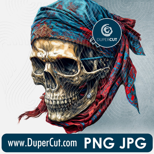 Skull in bandana - full color files for sublimation, print on demand, high resolution PNG JPG template transparent background by www.dupercut.com