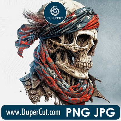 Skull in bandana USA flag - full color files for sublimation, print on demand, high resolution PNG JPG template transparent background by www.dupercut.com