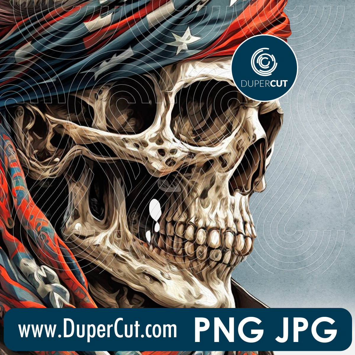 Skull in bandana USA flag - full color files for sublimation, print on demand, high resolution PNG JPG template transparent background by www.dupercut.com