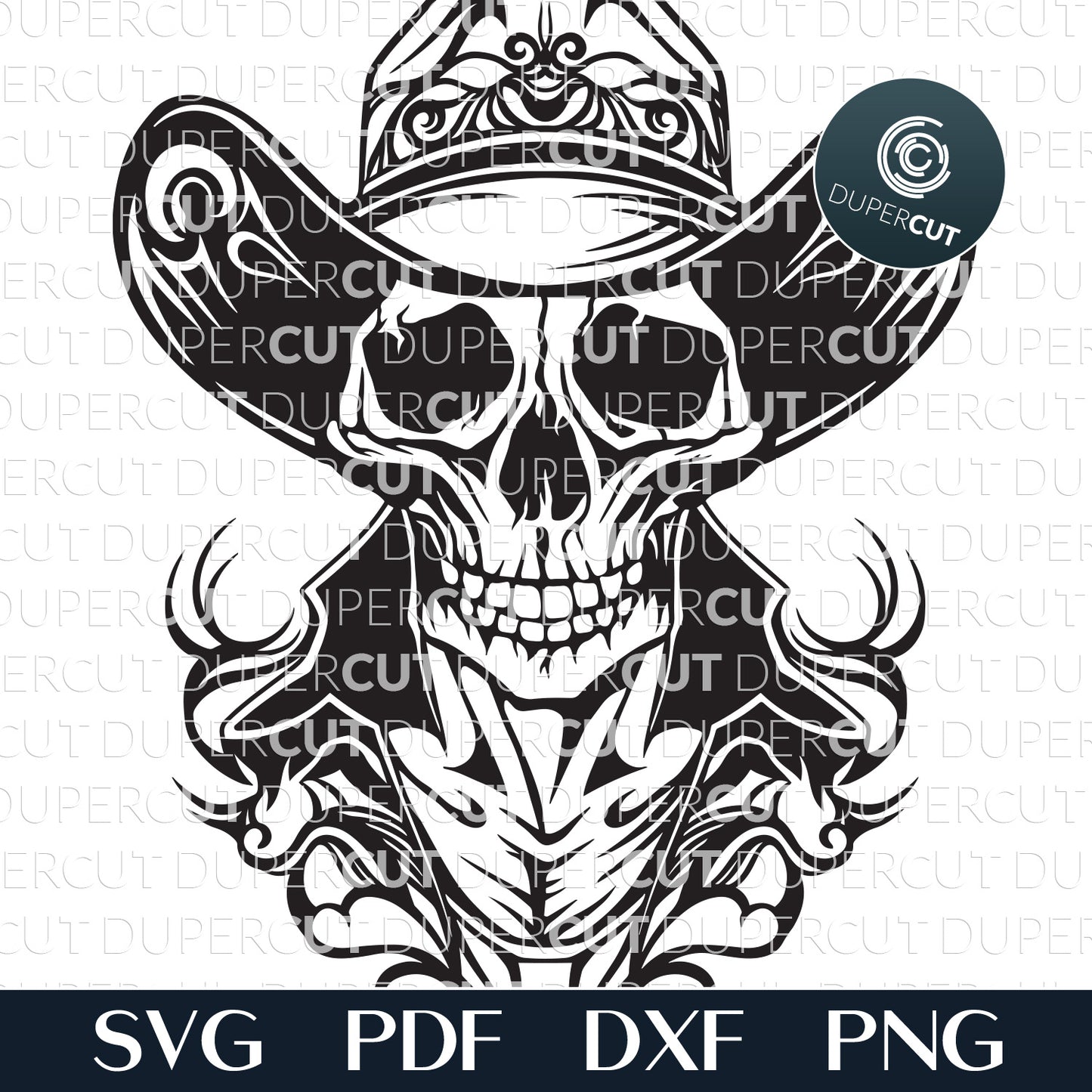 Skull cowboy black and white cut file - SVG DXF vector files for Glowforge, Cricut, Silhouette, CNC plasma machines by www.DuperCut.com