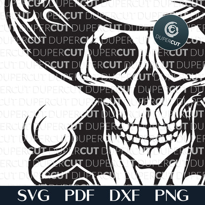 Skull cowboy black and white steampunk tattoo cut file - SVG DXF vector files for Glowforge, Cricut, Silhouette, CNC plasma machines by www.DuperCut.com
