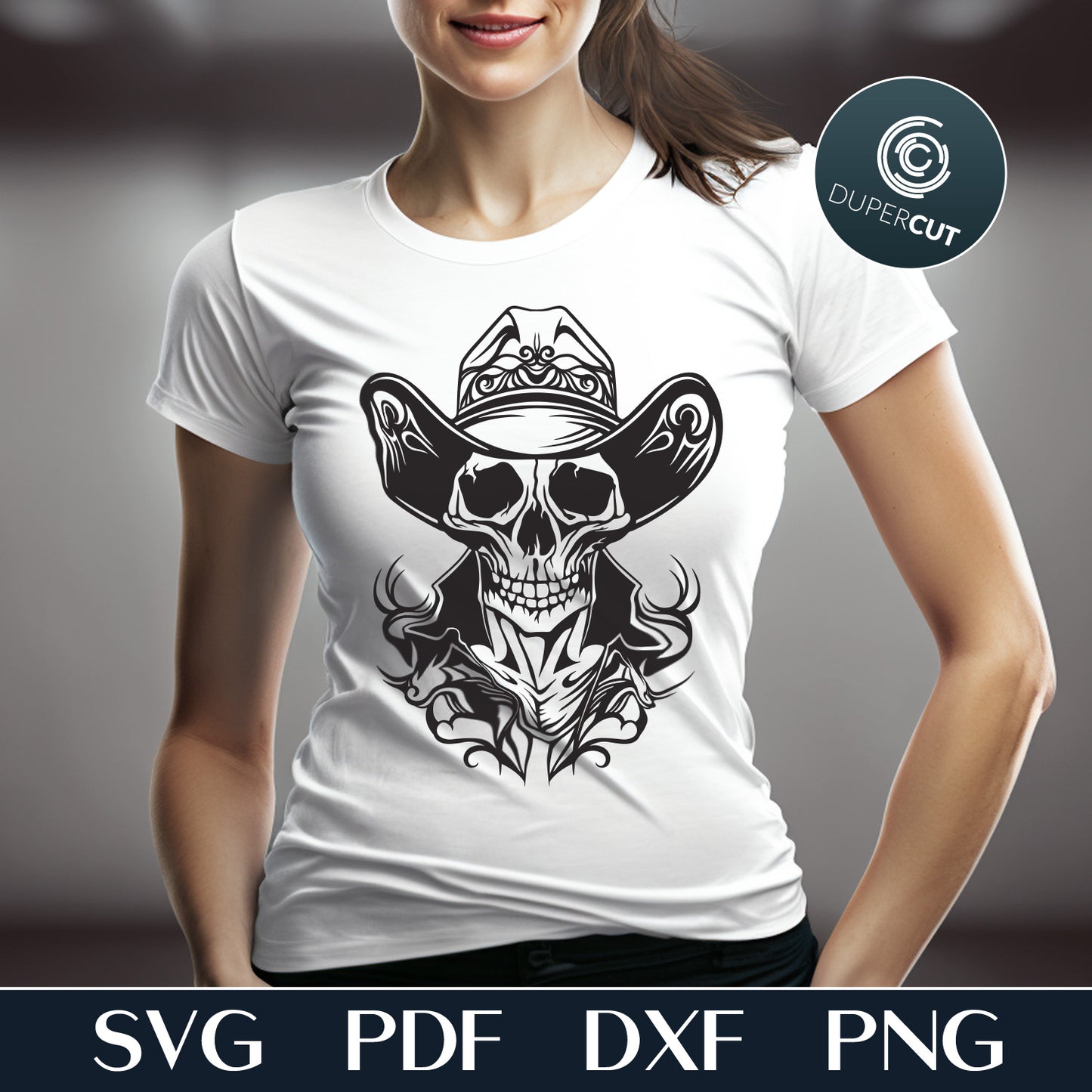 Skull cowboy black and white steampunk tattoo cut file - SVG DXF vector files for Glowforge, Cricut, Silhouette, CNC plasma machines by www.DuperCut.com