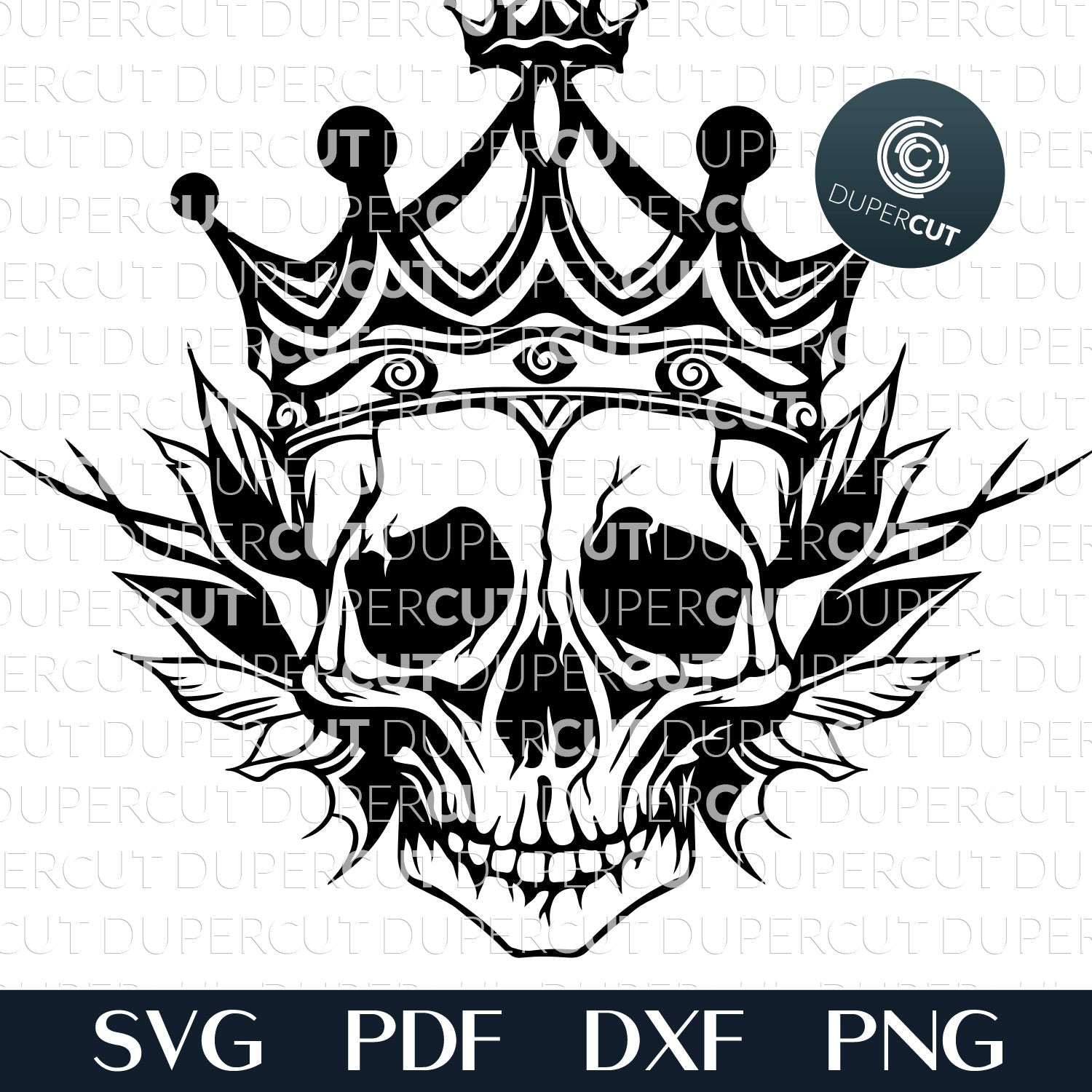 Skull king with crown, steampunk gothic cutting pattern - SVG DXF PNG vector files for Glowforge, Cricut, silhouette Cameo, CNC plasma machines by www.DuperCut.com