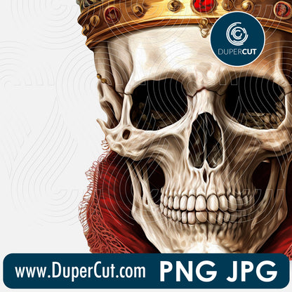 Skull king in red tudor crown - full color files for sublimation, print on demand, high resolution PNG JPG template transparent background by www.dupercut.com