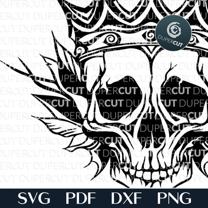 Skull king with crown, steampunk gothic cutting pattern - SVG DXF PNG vector files for Glowforge, Cricut, silhouette Cameo, CNC plasma machines by www.DuperCut.com