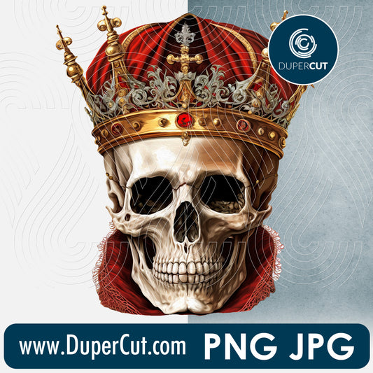 Skull king in red tudor crown - full color files for sublimation, print on demand, high resolution PNG JPG template transparent background by www.dupercut.com