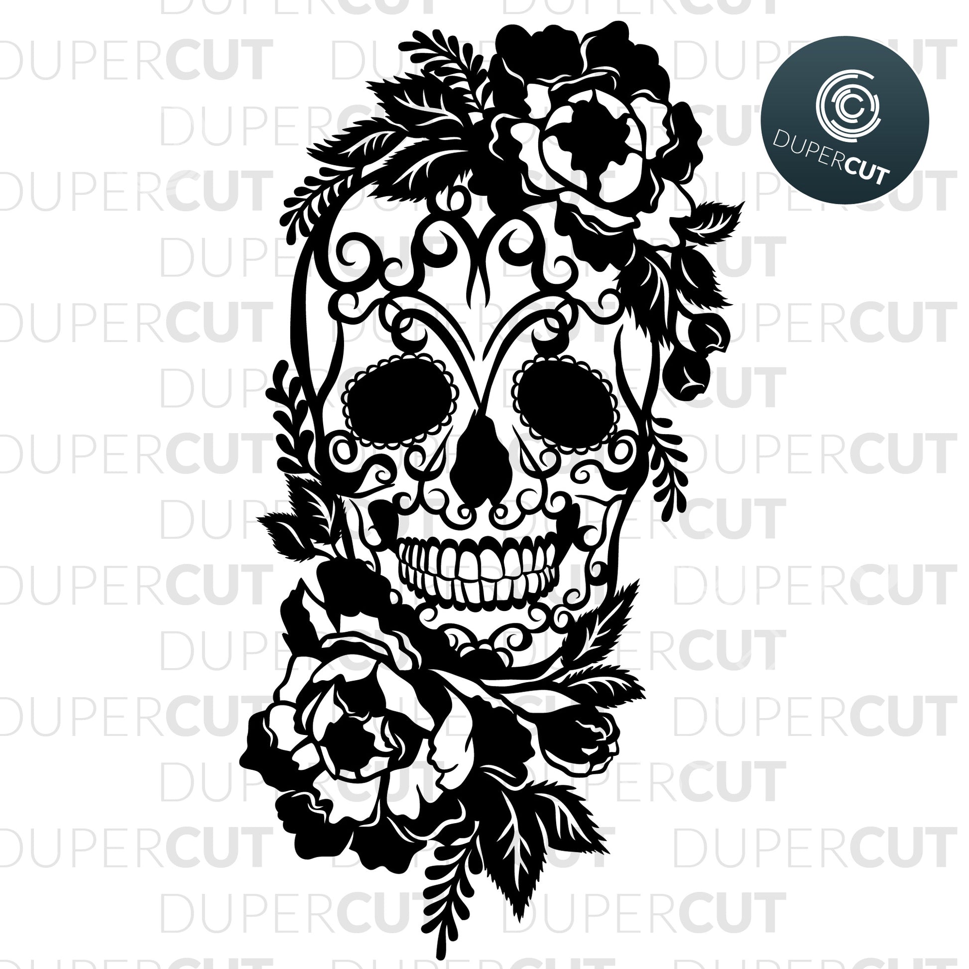 Mexican sugar skull calavera with flowers. SVG PNG DXF cutting files for Cricut, Silhouette, Glowforge, print on demand, sublimation templates