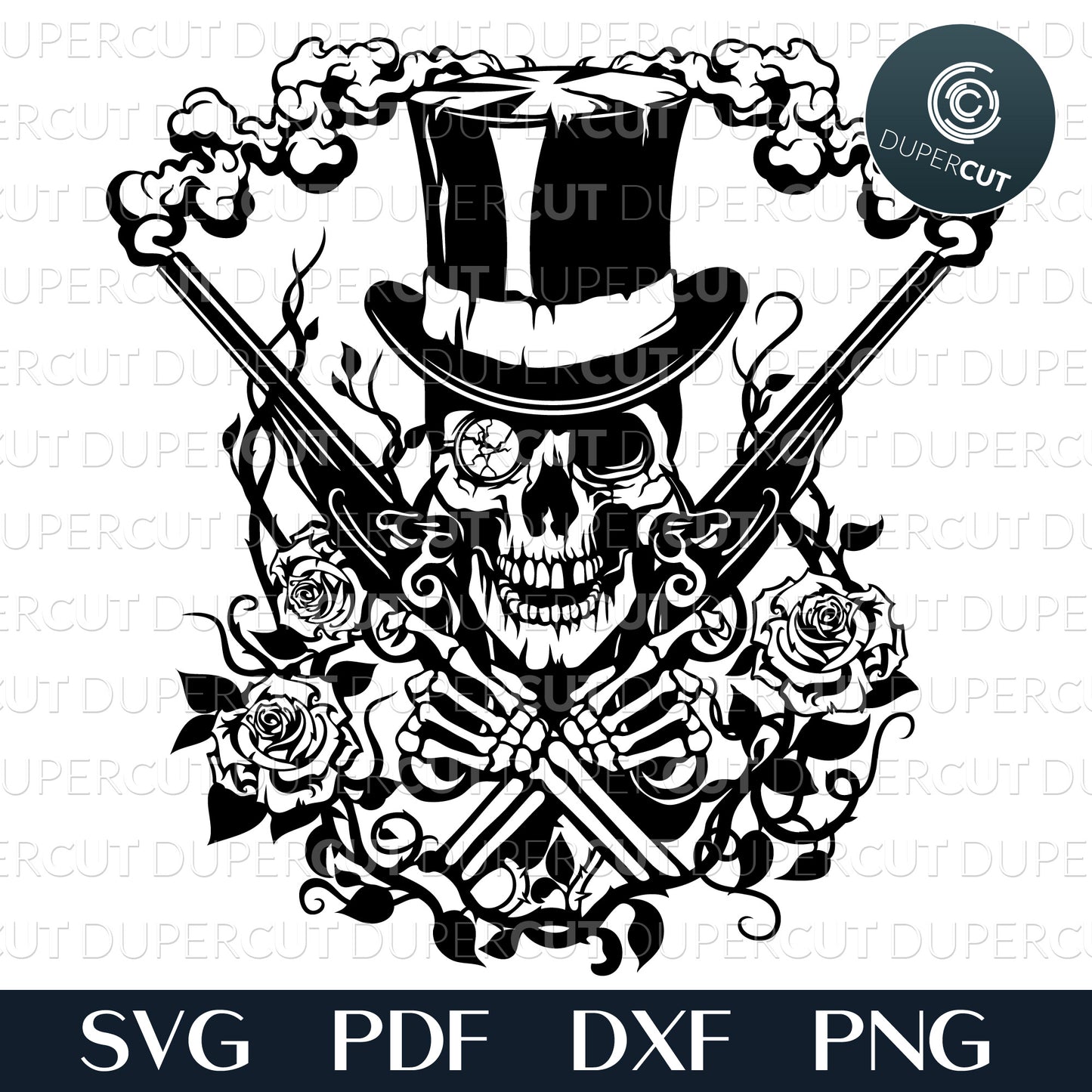 Skull in top hat with pistols and roses. Line art tattoo. Papercutting template for commercial use. SVG files for Silhouette Cameo, Cricut, Glowforge, DXF for CNC, laser cutting, print on demand