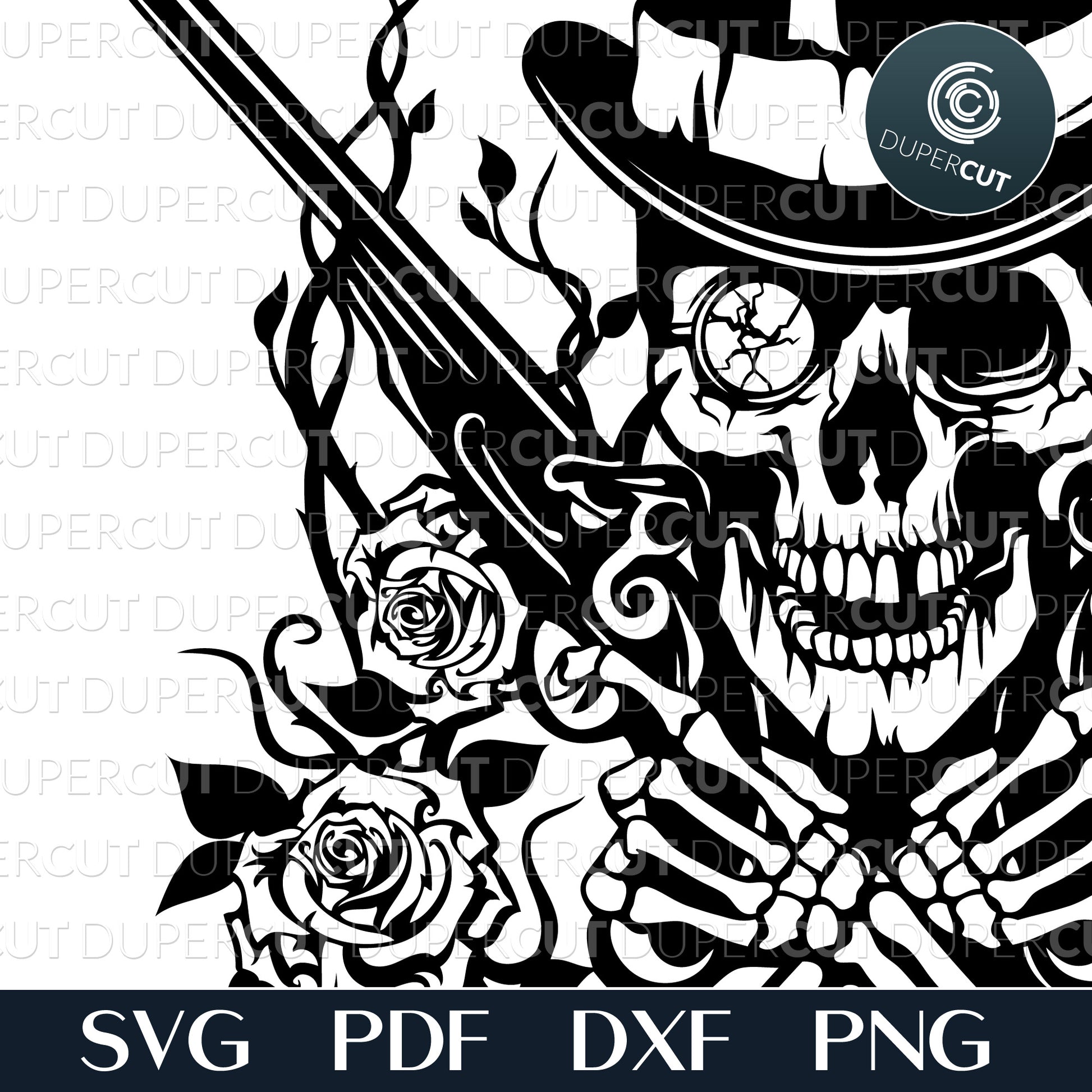 Skull with guns, black gothic tattoo line drawing. Papercutting template for commercial use. SVG files for Silhouette Cameo, Cricut, Glowforge, DXF for CNC, laser cutting, print on demand