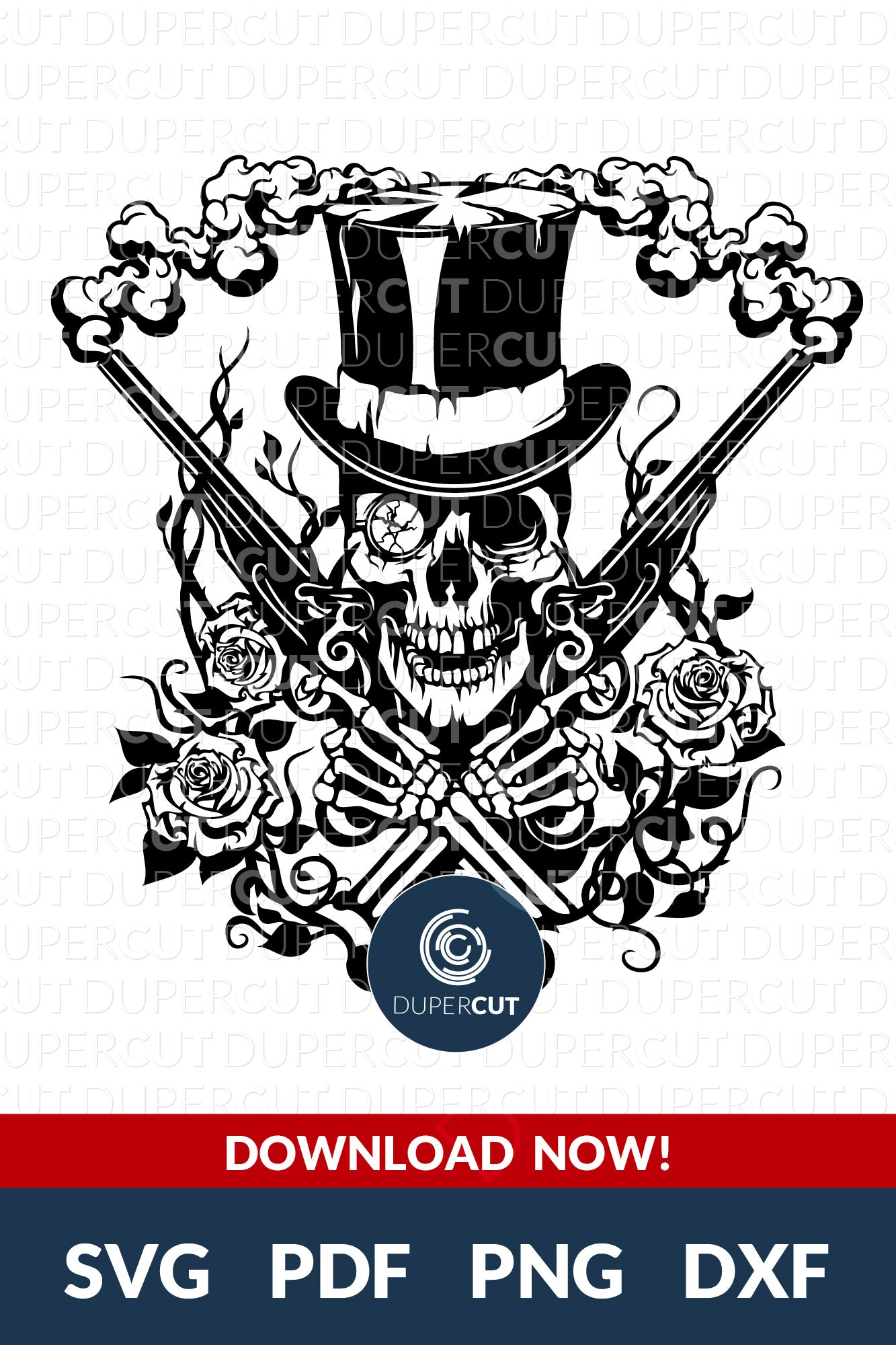 Arms crossed skull with pistols. Hand drawn tattoo. Papercutting template for commercial use. SVG files for Silhouette Cameo, Cricut, Glowforge, DXF for CNC, laser cutting, print on demand