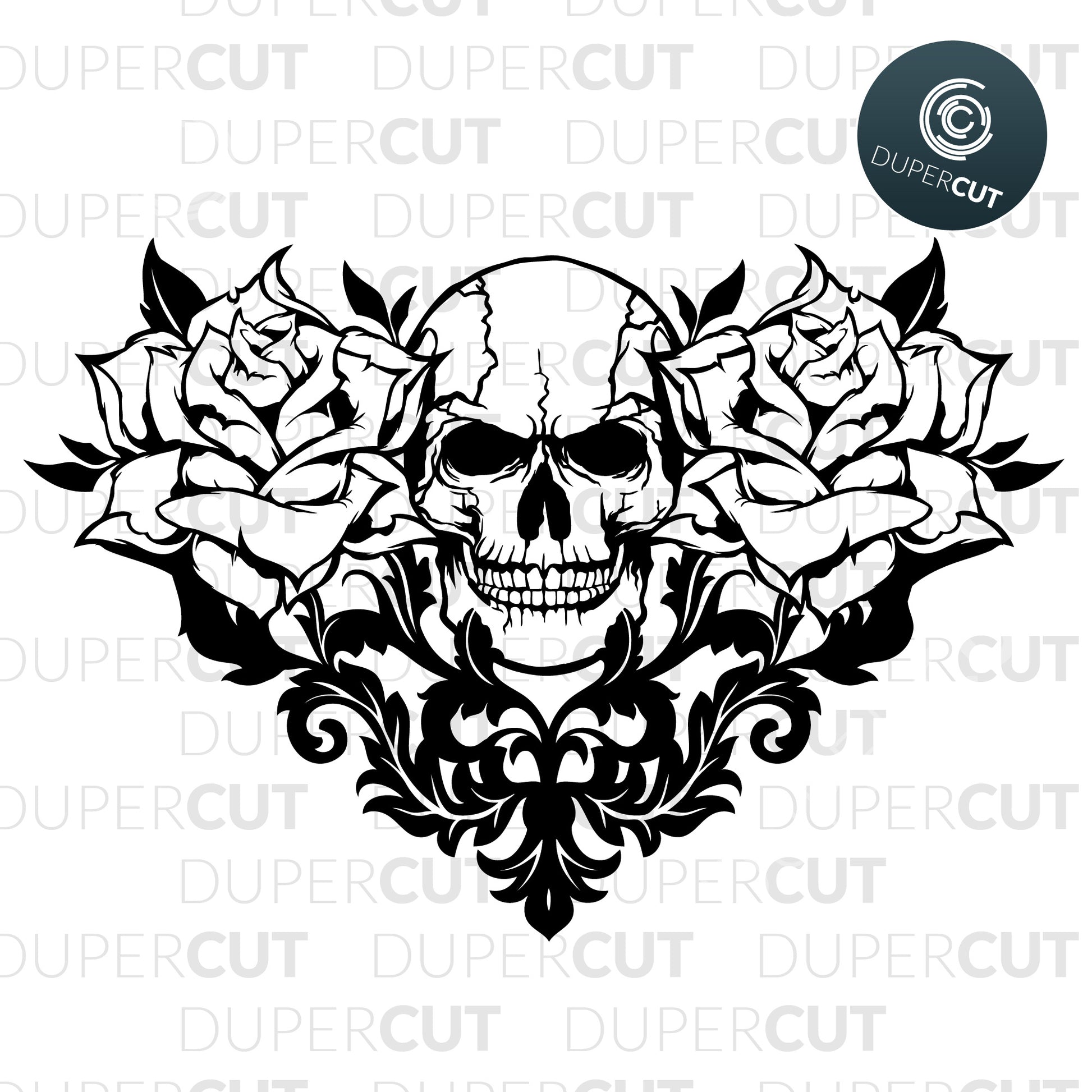 Skull with roses in shape of heart, gothic steampunk vector. SVG PNG DXF cutting files for Cricut, Silhouette, Glowforge, print on demand, sublimation templates