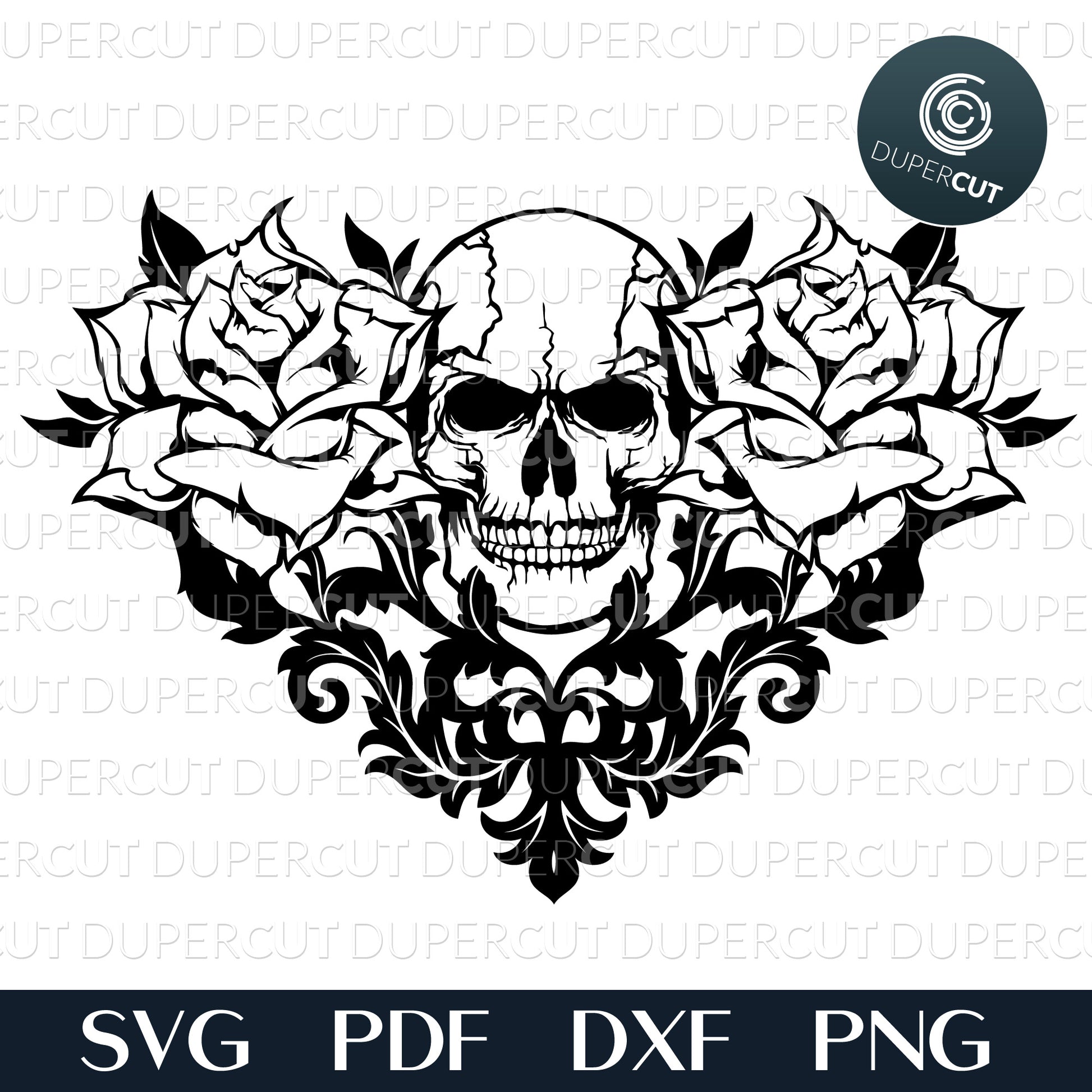 Paper cutting template - Steampunk Heart-shaped skull with roses and ornaments. Black and white line art design.  - SVG PNG DXF files for cutting machines: Cricut, Silhouette Cameo, Glowforge, CNC