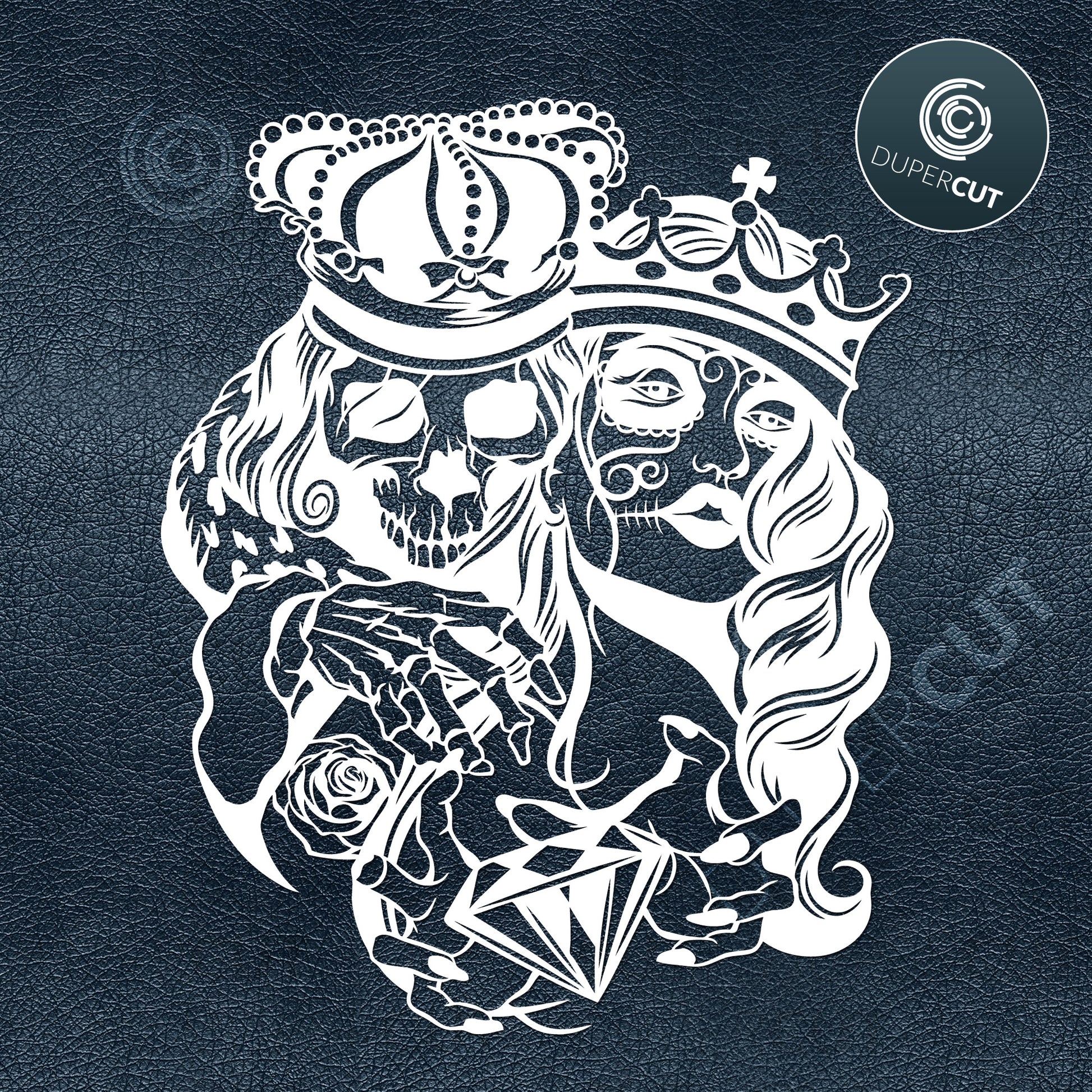 Skull king and girl, steampunk tattoo vector. SVG PNG DXF cutting files for Cricut, Silhouette, Glowforge, print on demand, sublimation templates