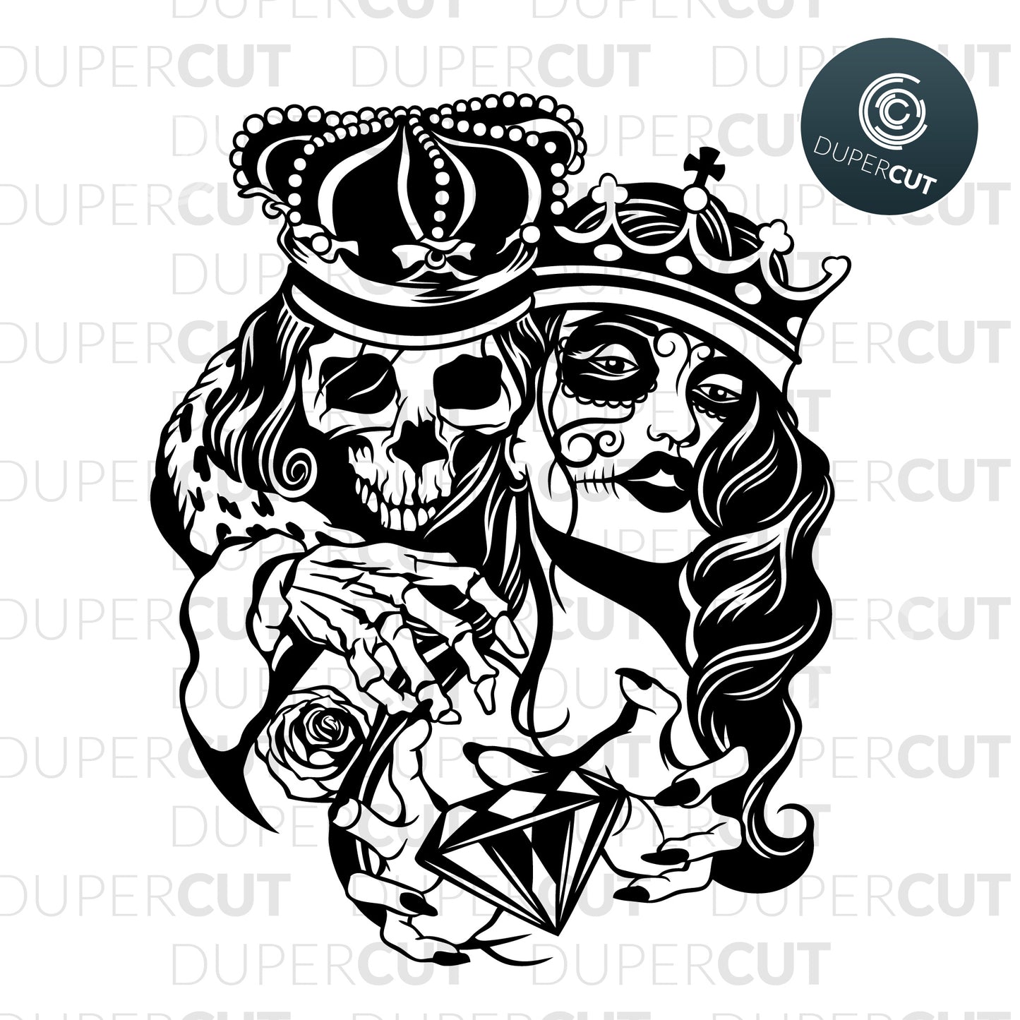 Skull king with woman, gothic tattoo art. SVG PNG DXF cutting files for Cricut, Silhouette, Glowforge, print on demand, sublimation templates