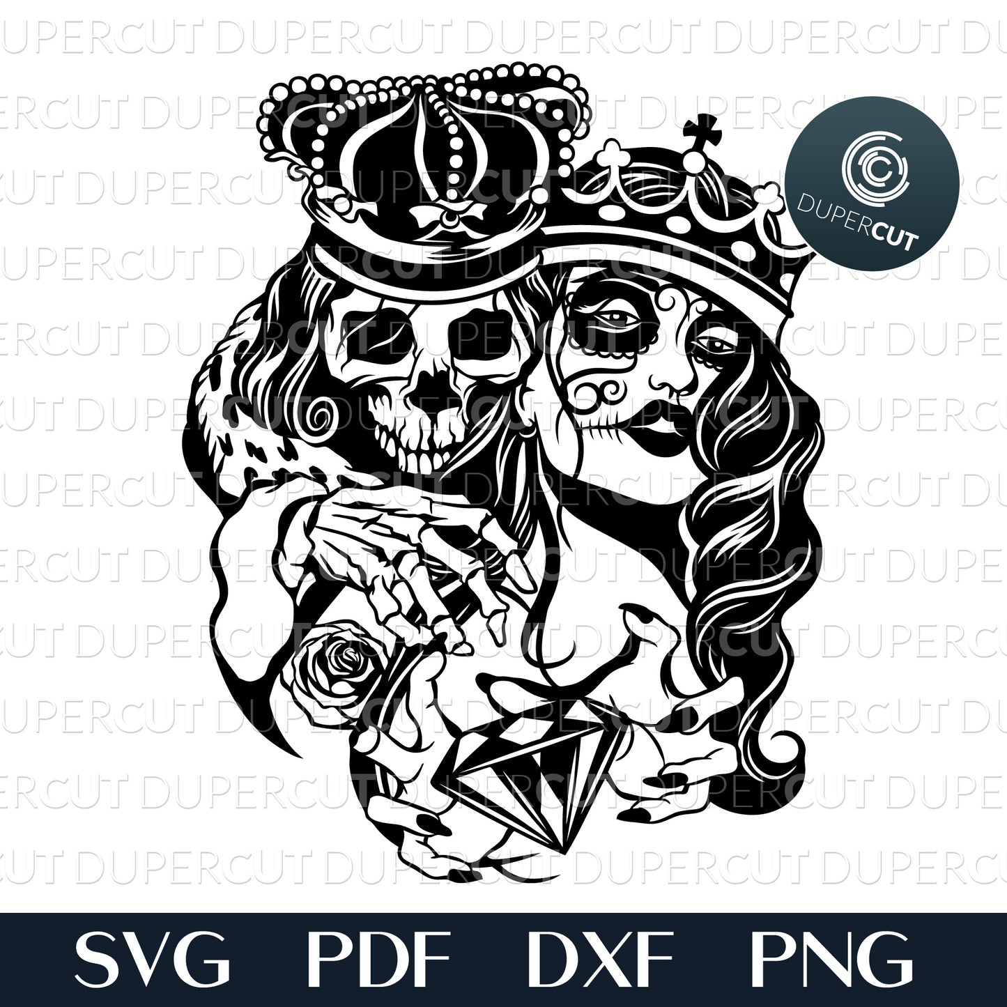 Skull king with sugar skull girl, gothic steampunk vector. SVG PNG DXF cutting files for Cricut, Silhouette, Glowforge, print on demand, sublimation templates