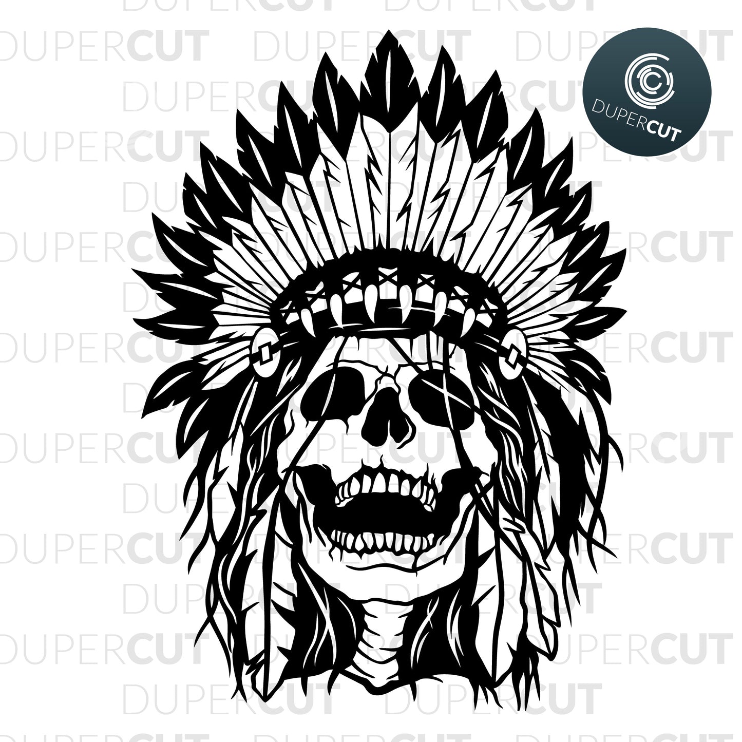 Skull in Native American headdress, gothic steampunk vector. SVG PNG DXF cutting files for Cricut, Silhouette, Glowforge, print on demand, sublimation templates