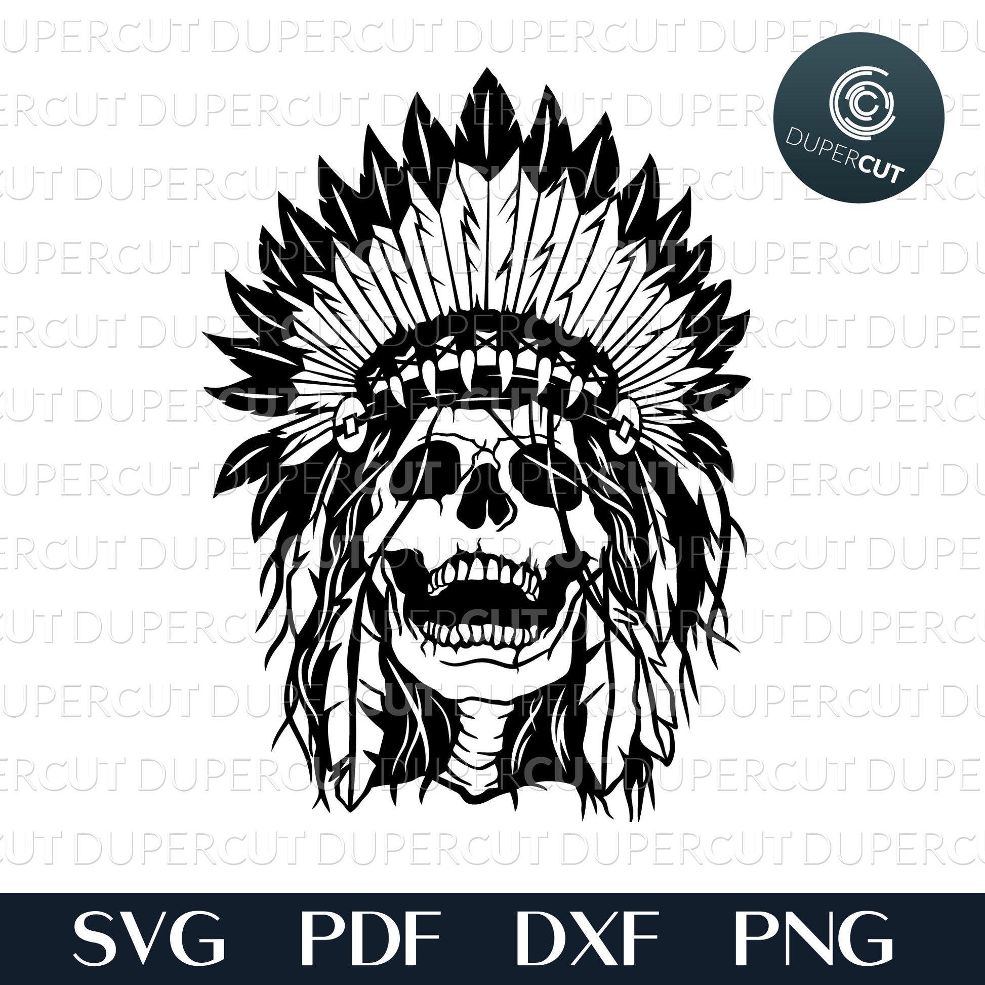 Skull in Native American Headdress, vector tattoo line art. SVG PNG DXF cutting files for Cricut, Silhouette, Glowforge, print on demand, sublimation templates