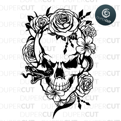 Skull with snake and roses, black vector. SVG PNG DXF cutting files for Cricut, Silhouette, Glowforge, print on demand, sublimation templates