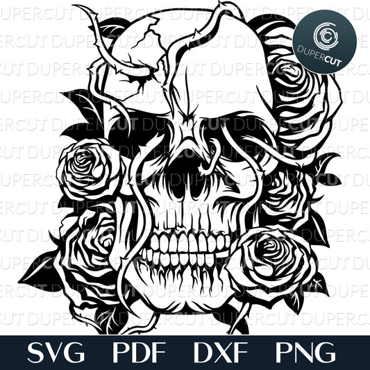 Skull and roses - steampunk gothic illustration. SVG PNG DXF cutting files for laser, engraving, printing, Cricut, Silhouette and Glowforge machines.
