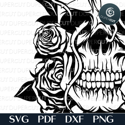 Skull and roses - steampunk gothic illustration. SVG PNG DXF cutting files for laser, engraving, printing, Cricut, Silhouette and Glowforge machines. Paper cutting template.
