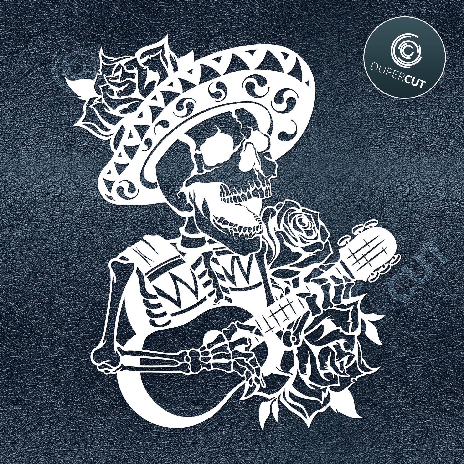 Calavera skeleton, mexican sugar skull with guitar. SVG PNG DXF cutting files for Cricut, Silhouette, Glowforge, print on demand, sublimation templates