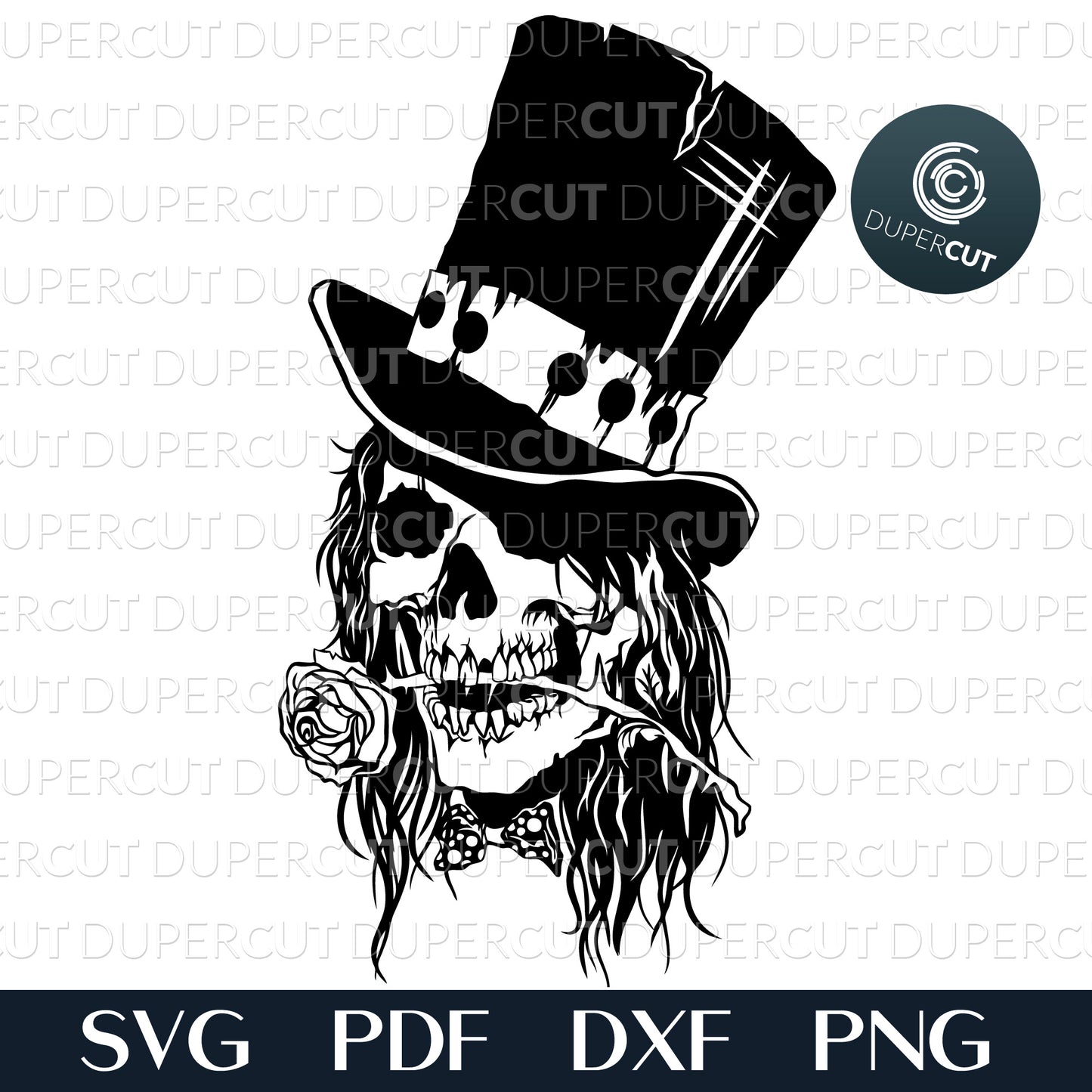 Top hat skull with rose and bow tie, gothic steampunk vector. SVG PNG DXF cutting files for Cricut, Silhouette, Glowforge, print on demand, sublimation templates