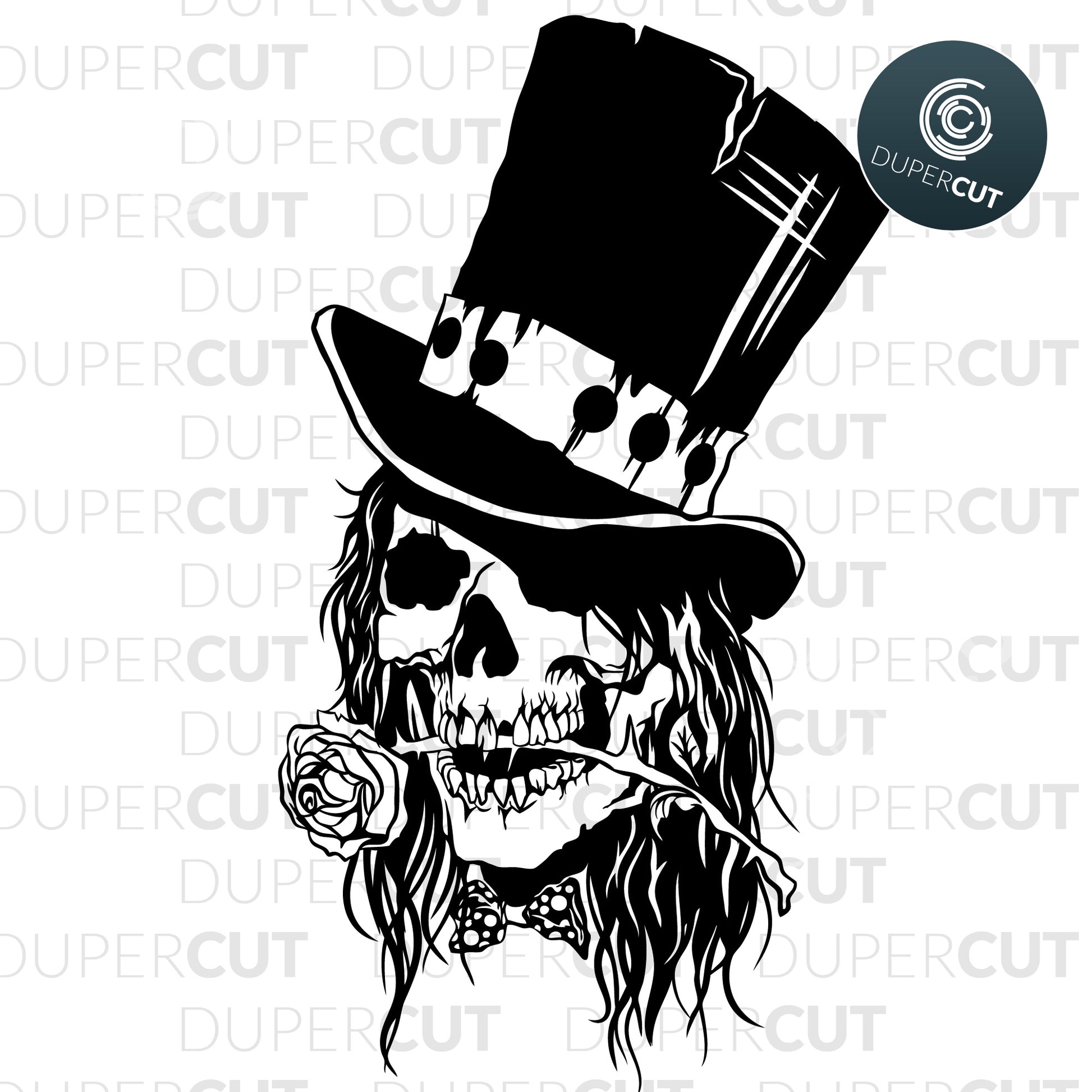 Skull with top hat and rose, tattoo vector, gothic steampunk design. SVG PNG DXF cutting files for Cricut, Silhouette, Glowforge, print on demand, sublimation templates