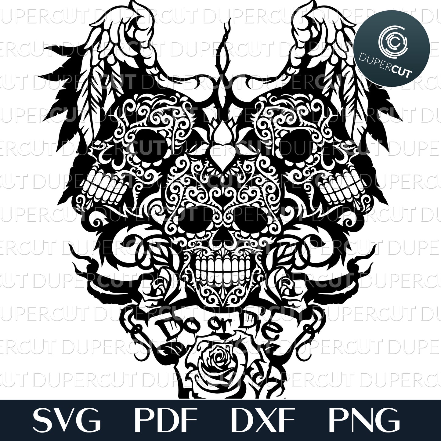 Winged skulls steampunk line art design. SVG PNG DXF cutting files for Glowforge, Cricut, Silhouette cameo, laser engraving.