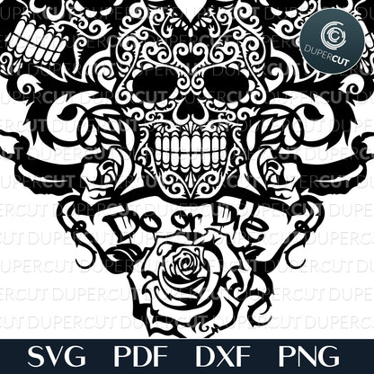 Do or Die. Winged skulls with rose, steampunk line art design. SVG PNG DXF cutting files for Glowforge, Cricut, Silhouette cameo, laser engraving.