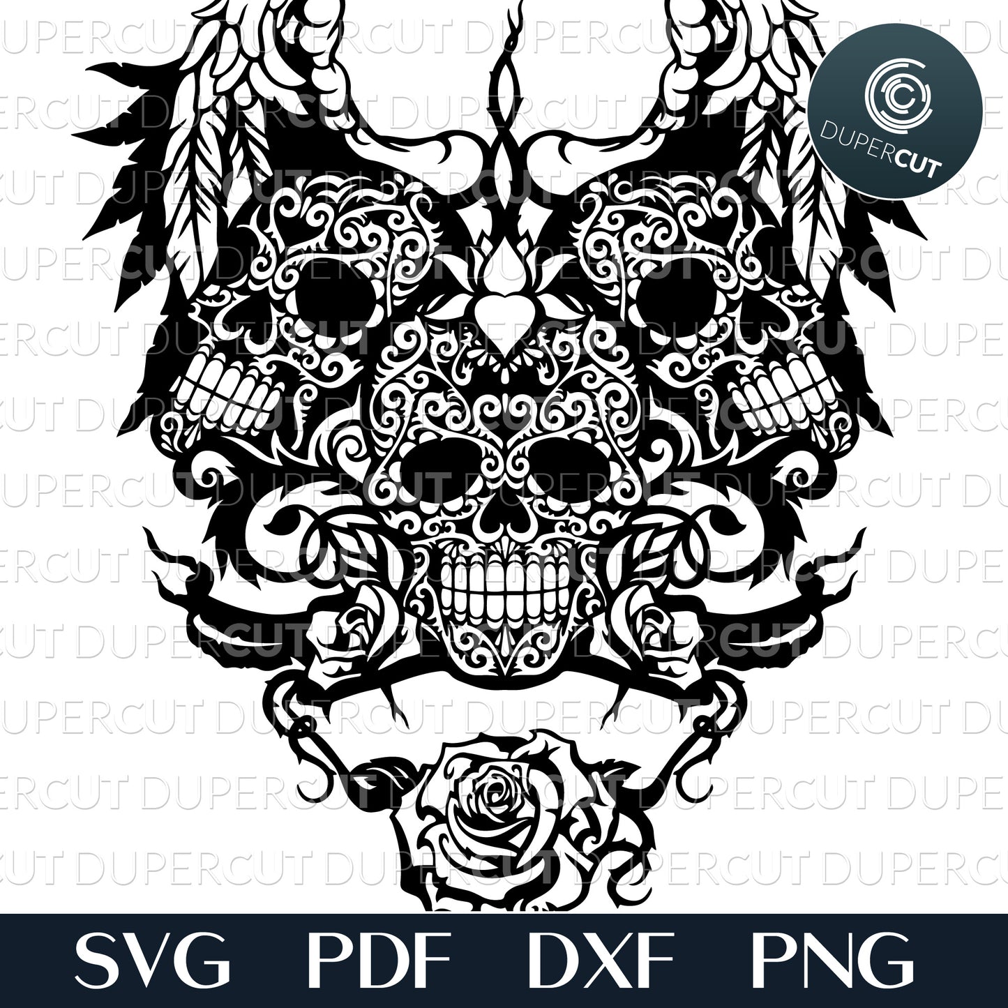 Winged skulls gothic tattoo template. SVG PNG DXF cutting files for Glowforge, Cricut, Silhouette cameo, laser engraving.