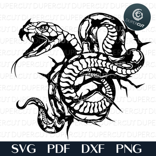 Steampunk snake with thorns. Line art tattoo. Papercutting template for commercial use. SVG files for Silhouette Cameo, Cricut, Glowforge, DXF for CNC, laser cutting, print on demand