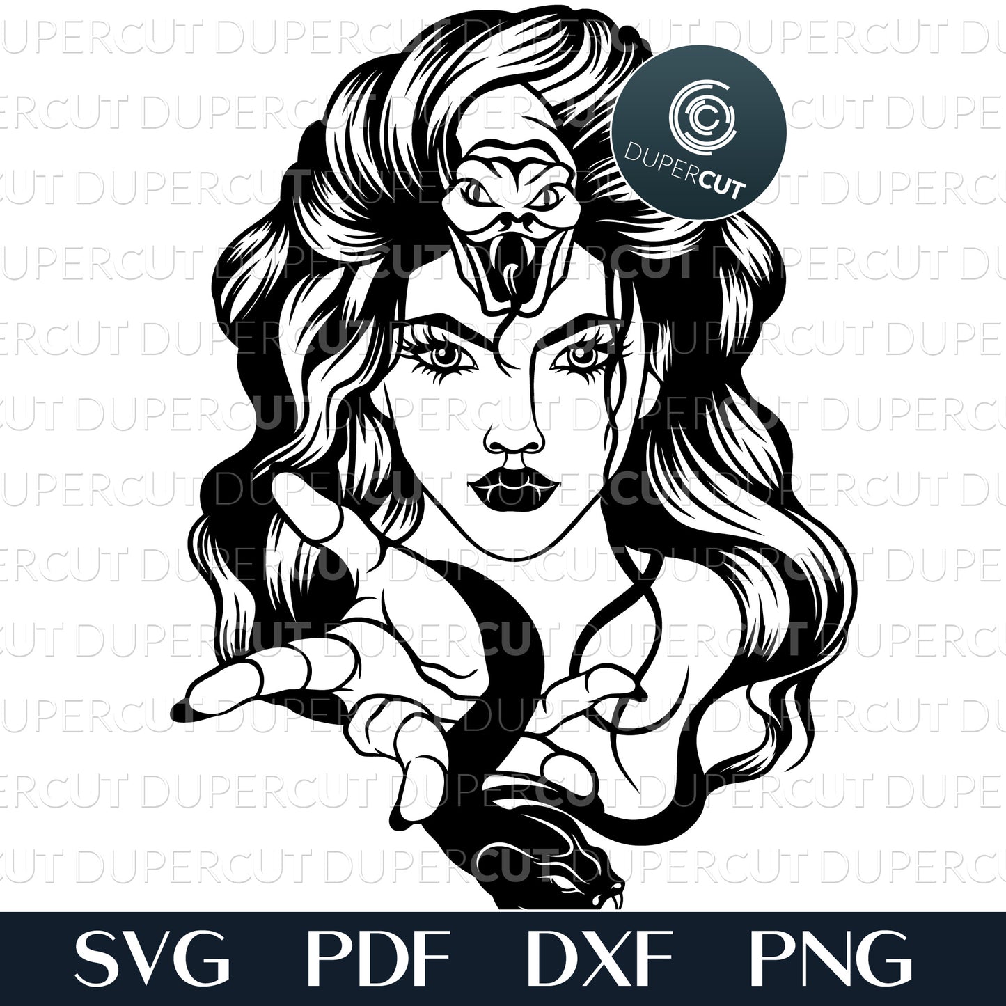 Medusa girl with snake, paper cutting template. SVG PNG DXF files for Cricut, Glowforge, Silhouette Cameo, CNC machines