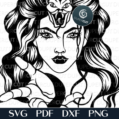 Medusa snake woman, line art illustration, paper cutting template. SVG PNG DXF files for Cricut, Glowforge, Silhouette Cameo, CNC machines