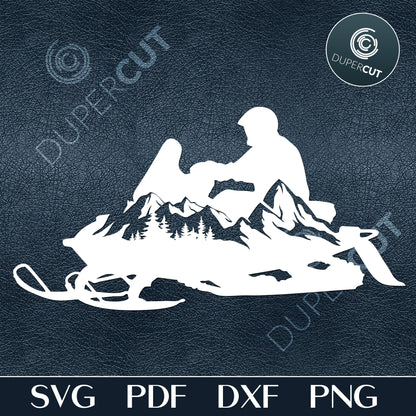 Snowmobile silhouette with mountains, vinyl cutting  template - SVG DXF PNG files for Cricut, Glowforge, Silhouette Cameo, CNC Machines