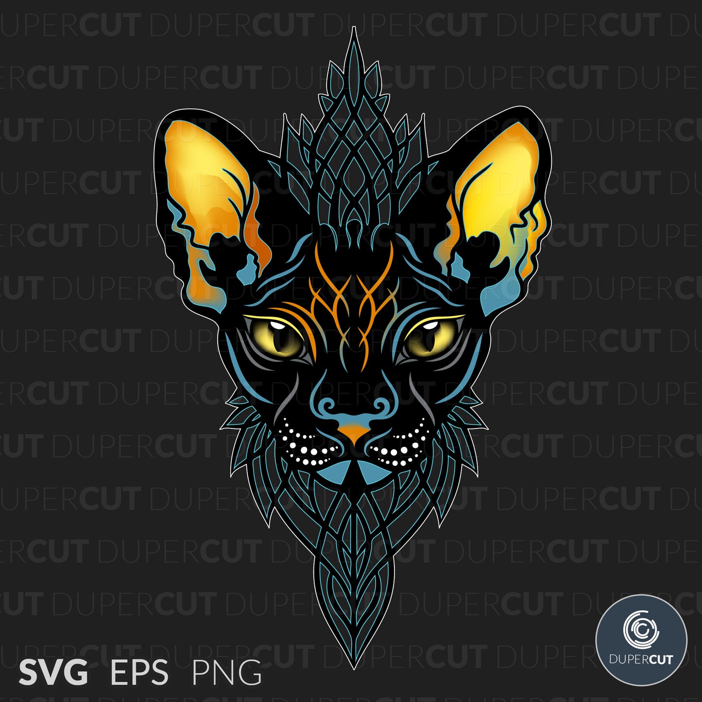Sphynx Cat Orange Blue - EPS, SVG, PNG files. Vector Colour illustration for print on demand, sublimation, custom t-shirts, hoodies, tumblers.
