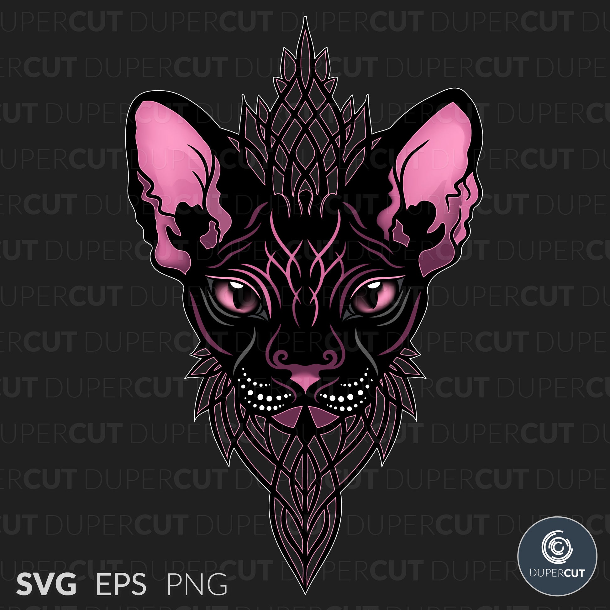 Sphynx Cat bright pink - EPS, SVG, PNG files. Vector Colour illustration for print on demand, sublimation, custom t-shirts, hoodies, tumblers.