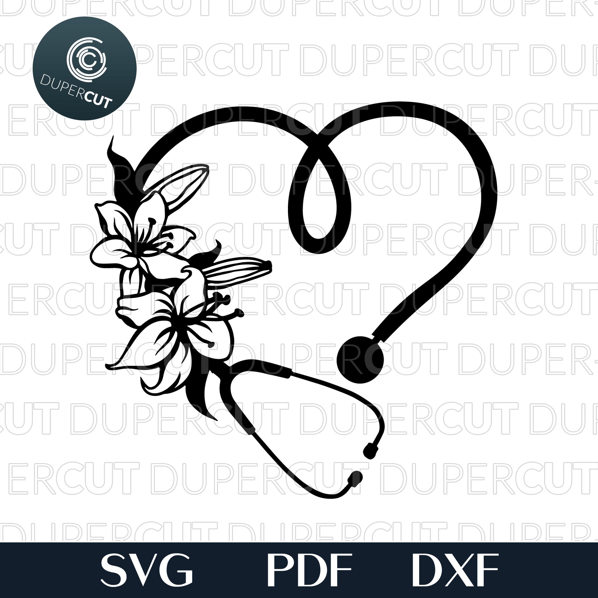 Floral Stethoscope, commercial license nursing  template - SVG DXF PNG files for Cricut, Glowforge, Silhouette Cameo, CNC Machines