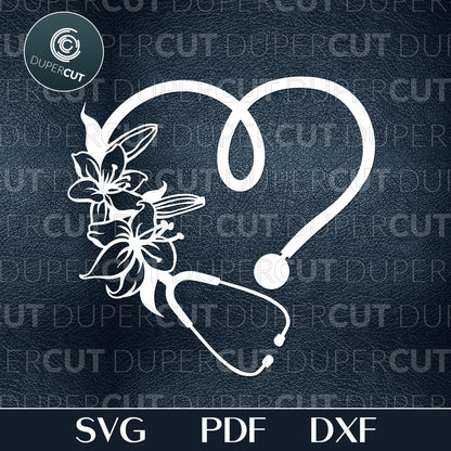 Stethoscope with flowers, simple  template - SVG DXF PNG files for Cricut, Glowforge, Silhouette Cameo, CNC Machines