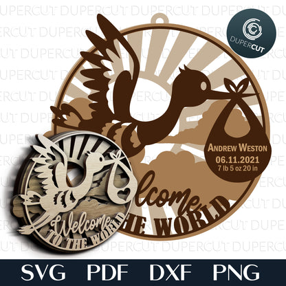 Welcome to the world - stork with newborn baby - layered laser files SVG PDF DXF for cutting with Glowforge, Cricut, Silhouette Cameo, CNC machines