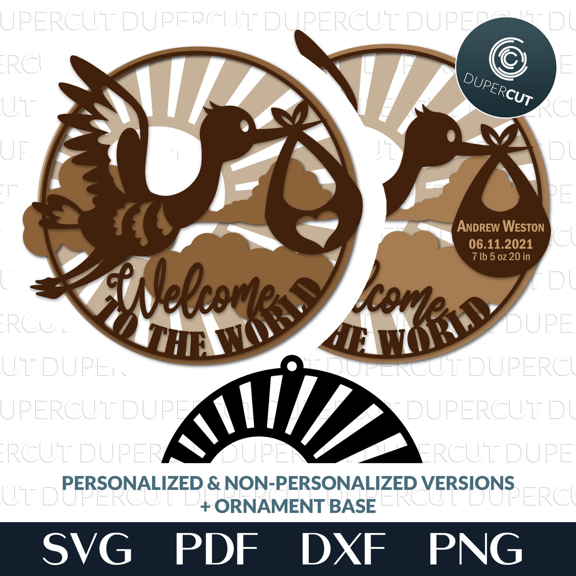 Stork with newborn baby - personalized Christmas ornament - layered laser files SVG PDF DXF for cutting with Glowforge, Cricut, Silhouette Cameo, CNC machines