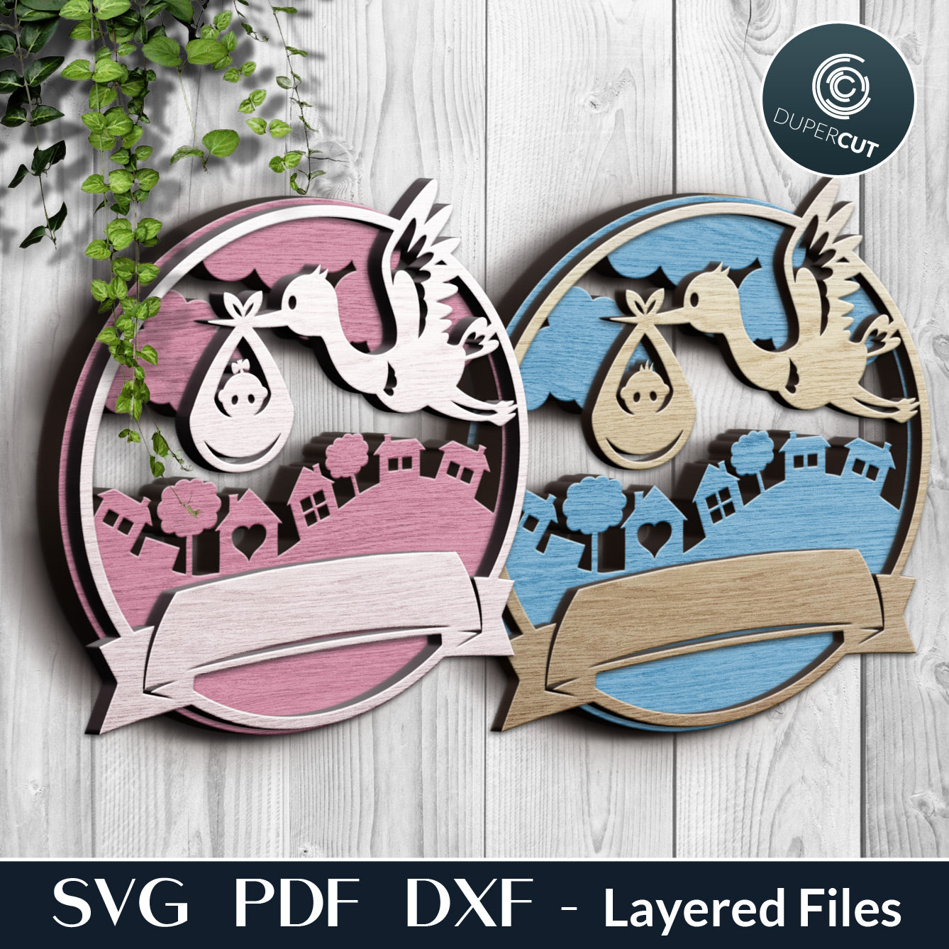 Baby shower gift, personalized round - stork with new baby - layered files. SVG PDF DXF template for laser cutting for Glowforge, CNC plasma machines.