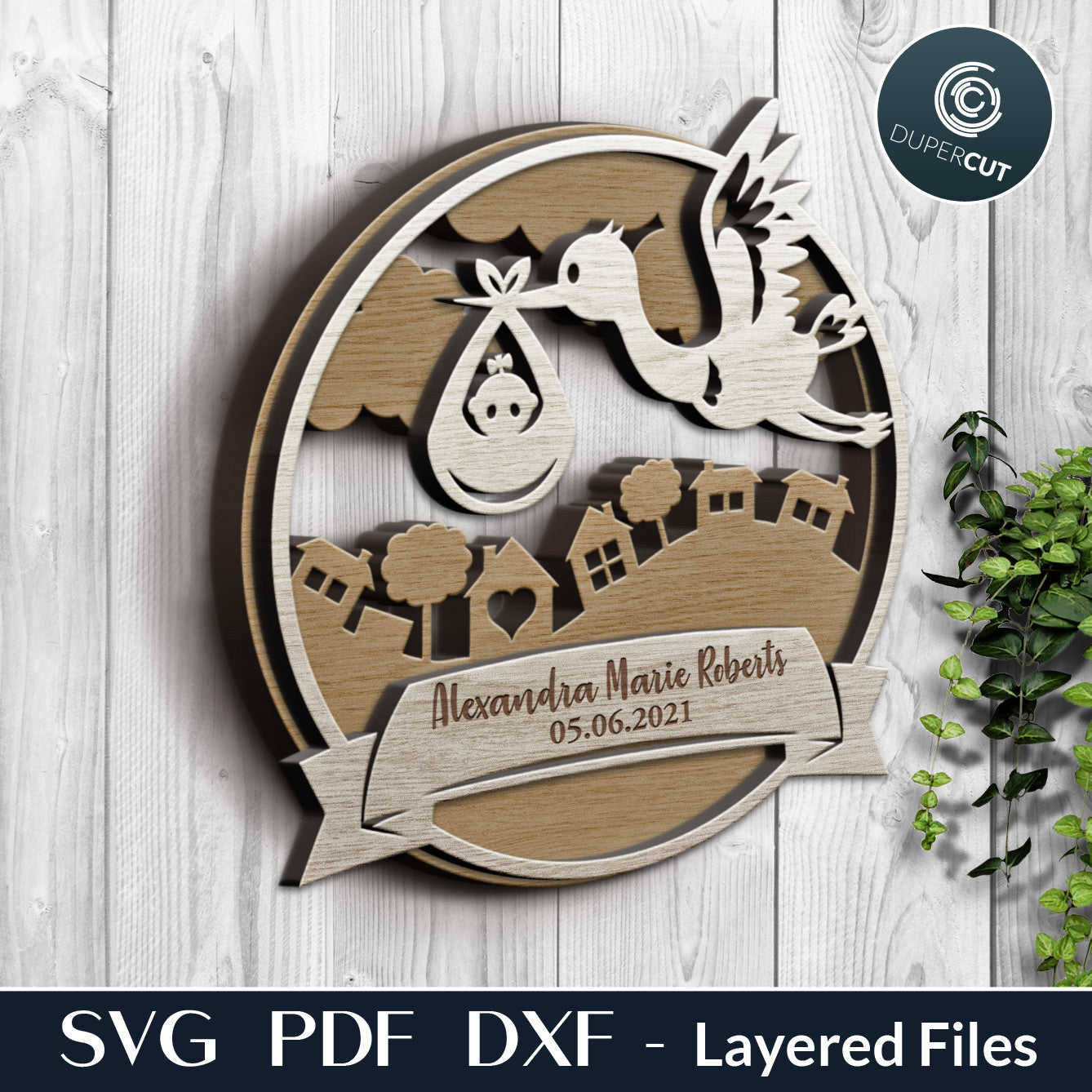 Personalised new baby scene - stork delivering newborn - layered files. SVG PDF DXF template for laser cutting for Glowforge, CNC plasma machines.
