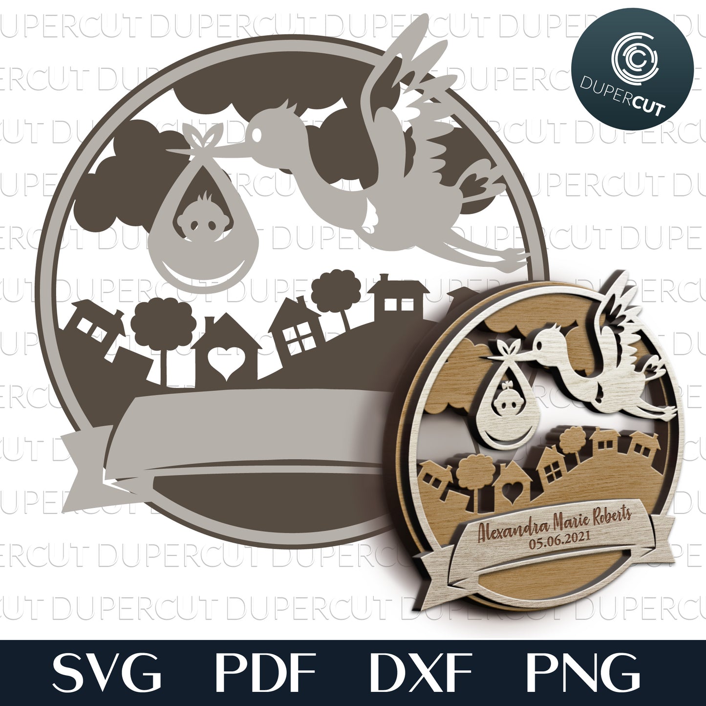 Stork delivering baby scene - layered files. SVG PDF DXF template for laser cutting for Glowforge, CNC plasma machines.